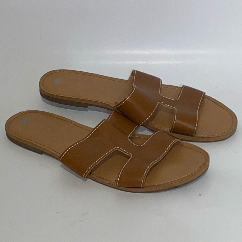 Big Buddha Women's Brown Faux Leather H Strap Slip-on‎ Flat Sandals Size 8